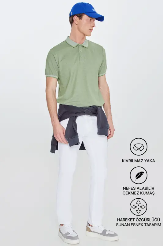 Erkek Çekmeyen Pamuklu Kumaş Slim Fit Dar Kesim Yeşil Kıvrılmaz Polo Yaka Tişört - Yeşil - 3