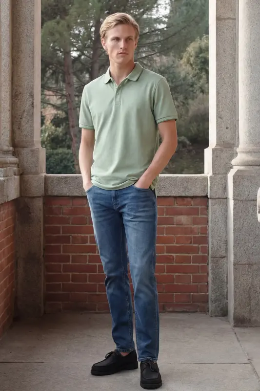 Erkek Çekmeyen Pamuklu Kumaş Slim Fit Dar Kesim Yeşil Kıvrılmaz Polo Yaka Tişört - Yeşil - 7