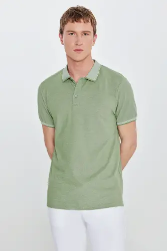 Erkek Çekmeyen Pamuklu Kumaş Slim Fit Dar Kesim Yeşil Kıvrılmaz Polo Yaka Tişört-Yeşil - 5