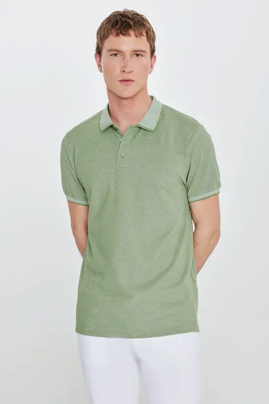 Erkek Çekmeyen Pamuklu Kumaş Slim Fit Dar Kesim Yeşil Kıvrılmaz Polo Yaka Tişört-Yeşil - 5