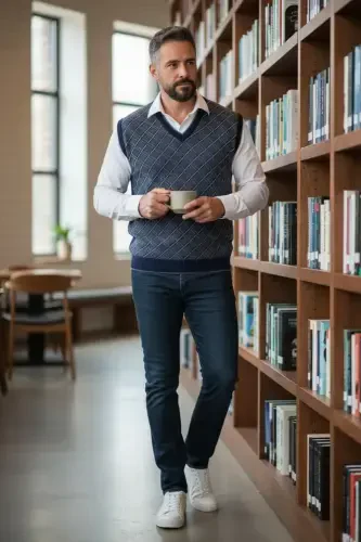 Lacivert Erkek Çelik Örgü Ekose Desenli Kalın Triko V Yaka Triko Örgü Tüylenmez Süveter Regular-lacivert - 3