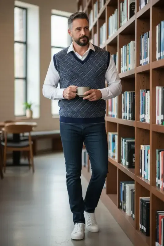 Lacivert Erkek Çelik Örgü Ekose Desenli Kalın Triko V Yaka Triko Örgü Tüylenmez Süveter Regular-lacivert - 3