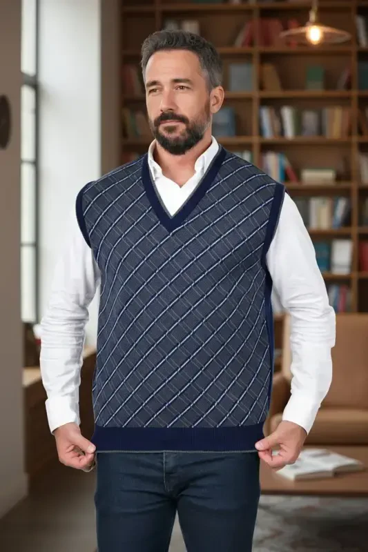 Lacivert Erkek Çelik Örgü Ekose Desenli Kalın Triko V Yaka Triko Örgü Tüylenmez Süveter Regular-lacivert - 5