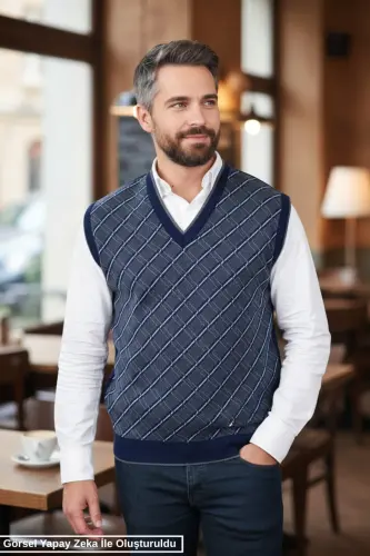 Erkek Çelik Örgü Ekose Desenli Kışlık Kalın Triko V Yaka Triko Örgü Tüylenmez Baba Süveter Regular 