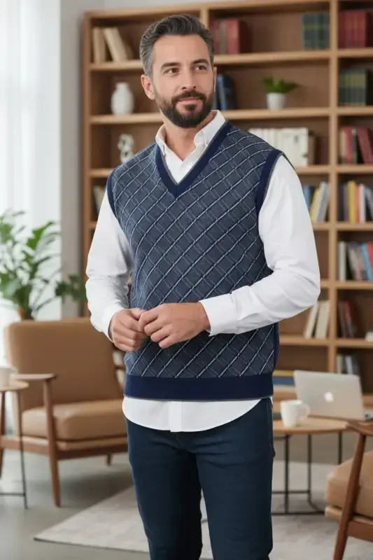 Lacivert Erkek Çelik Örgü Ekose Desenli Kalın Triko V Yaka Triko Örgü Tüylenmez Süveter Regular-lacivert - Modazone