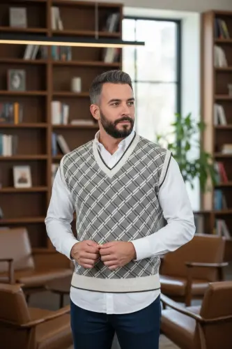 Erkek Krem Tüylenme Yapmayan Anti Pilling Kumaş Standart Fit Normal Kesim V Yaka Triko Süveter-Taş 