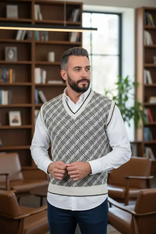 Erkek Krem Tüylenme Yapmayan Anti Pilling Kumaş Standart Fit Normal Kesim V Yaka Triko Süveter-Taş - 1