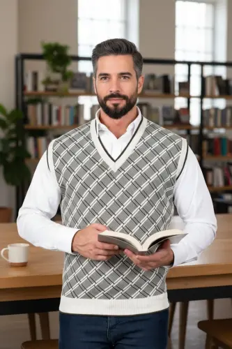 Erkek Krem Tüylenme Yapmayan Anti Pilling Kumaş Standart Fit Normal Kesim V Yaka Triko Süveter-Taş - 4