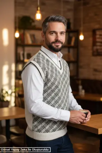 Erkek Çelik Örgü Ekose Desenli Kışlık Kalın Triko V Yaka Triko Örgü Tüylenmez Baba Süveter Regular 