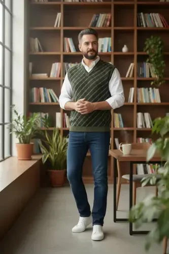 Haki Erkek Çelik Örgü Ekose Desenli Kalın Triko V Yaka Triko Örgü Tüylenmez Süveter Regular-Haki - 1