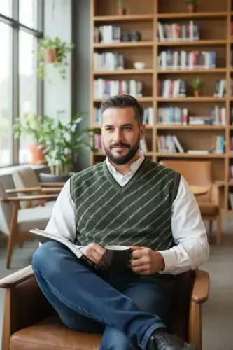 Haki Erkek Çelik Örgü Ekose Desenli Kalın Triko V Yaka Triko Örgü Tüylenmez Süveter Regular-Haki - 3