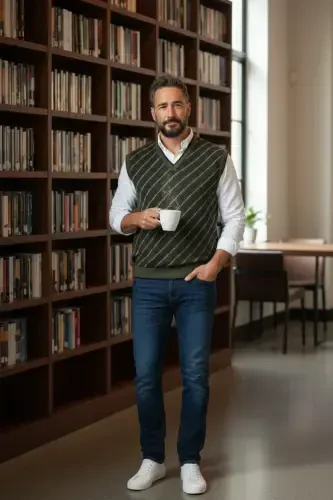 Haki Erkek Çelik Örgü Ekose Desenli Kalın Triko V Yaka Triko Örgü Tüylenmez Süveter Regular-Haki - 4