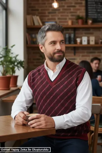 Erkek Çelik Örgü Ekose Desenli Kışlık Kalın Triko V Yaka Triko Örgü Tüylenmez Baba Süveter Regular 