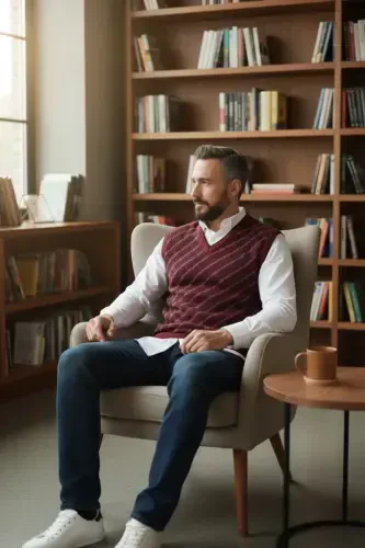 Bordo Erkek Çelik Örgü Ekose Desenli Kalın Triko V Yaka Triko Örgü Tüylenmez Süveter Regular-Bordo - Modazone (1)