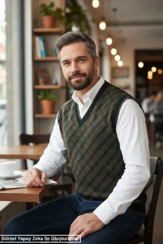 Erkek Çelik Örgü Ekose Desenli Kışlık Kalın Triko V Yaka Triko Örgü Tüylenmez Baba Süveter Regular 
