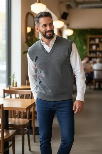 Erkek Gri Tüylenme Yapmayan Anti-pilling Standart Fit Normal Kesim V Yaka Triko Süveter-Gri - 1