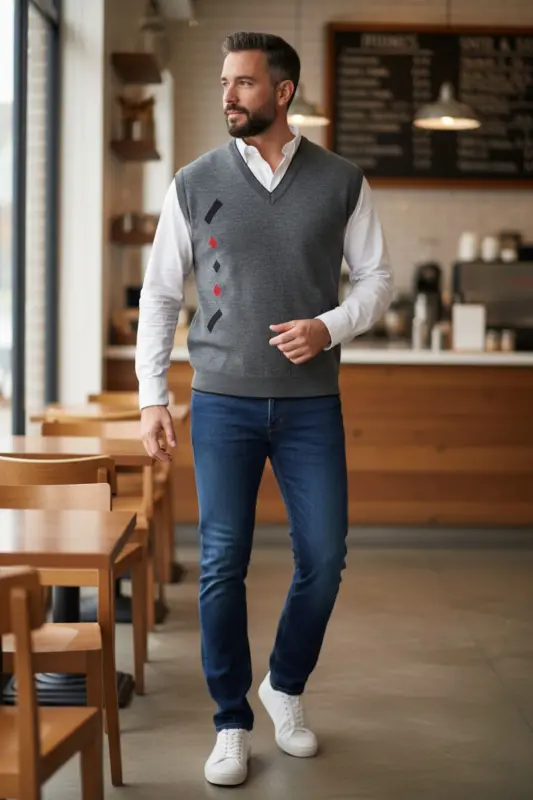 Erkek Gri Tüylenme Yapmayan Anti-pilling Standart Fit Normal Kesim V Yaka Triko Süveter-Gri - 5