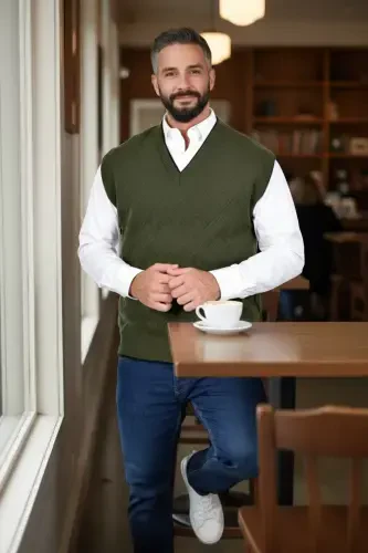 Haki Erkek Çelik Örgü Intersiye Kışlık Kalın Triko V Yaka Triko Örgü Tüylenmez Süveter-Haki - 3