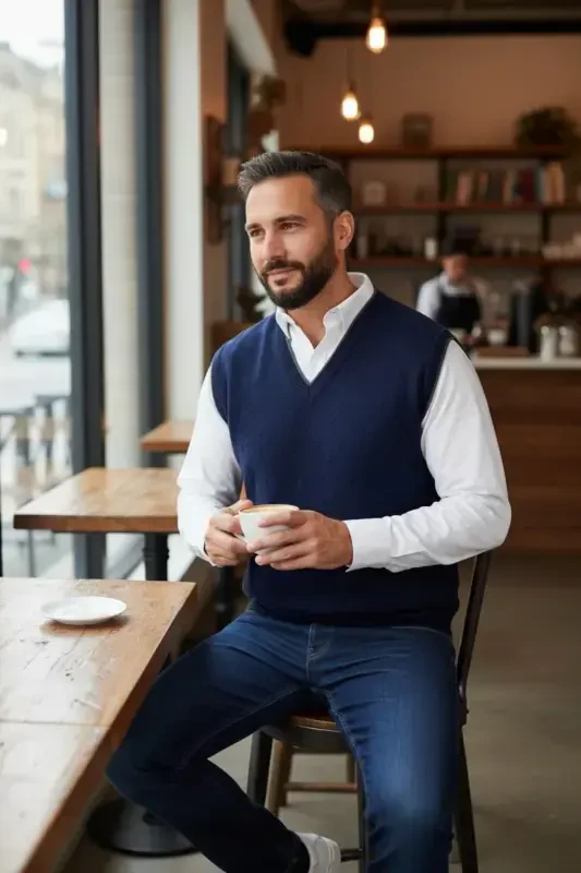 Lacivert Erkek Çelik Örgü Intersiye Kışlık Kalın Triko V Yaka Triko Örgü Tüylenmez Süveter-Lacivert - 5