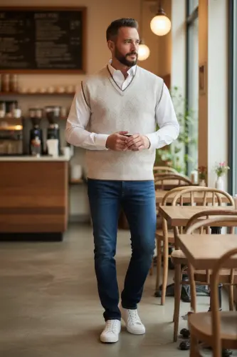 Erkek Krem Tüylenme Yapmayan Anti Pilling Kumaş Standart Fit Normal Kesim V Yaka Triko Süveter-Taş 