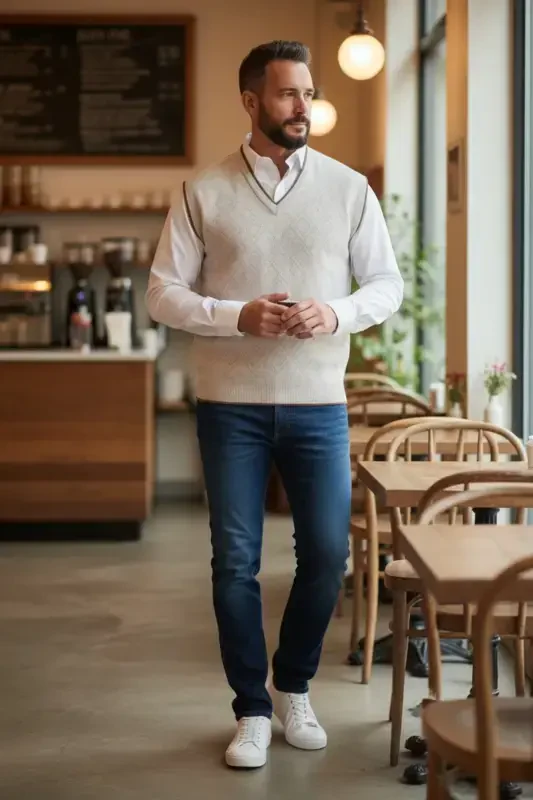 Krem Erkek Çelik Örgü Intersiye Kışlık Kalın Triko V Yaka Triko Örgü Tüylenmez Süveter-Taş - KAMALI