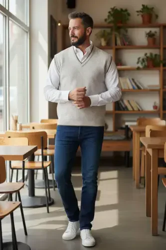 Krem Erkek Çelik Örgü Intersiye Kışlık Kalın Triko V Yaka Triko Örgü Tüylenmez Süveter-Taş - Modazone (1)