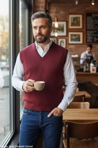 Erkek Çelik Örgü Intersiye Kışlık Kalın Triko V Yaka Triko Örgü Tüylenmez Baba Süveter Oversize 