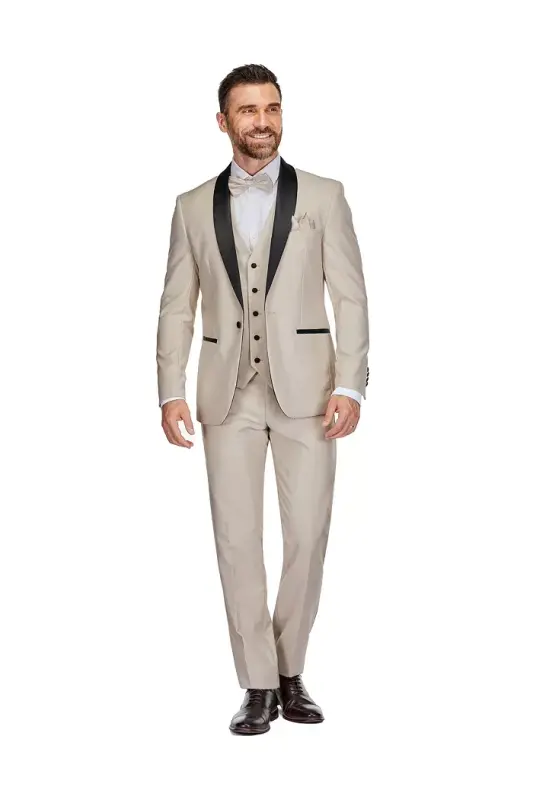 Men's 3-Piece Slim Fit Shawl Lapel Tuxedo - Light beige - GINO VITALE
