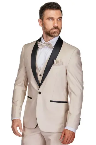 Men's 3-Piece Slim Fit Shawl Lapel Tuxedo - Light beige - 3