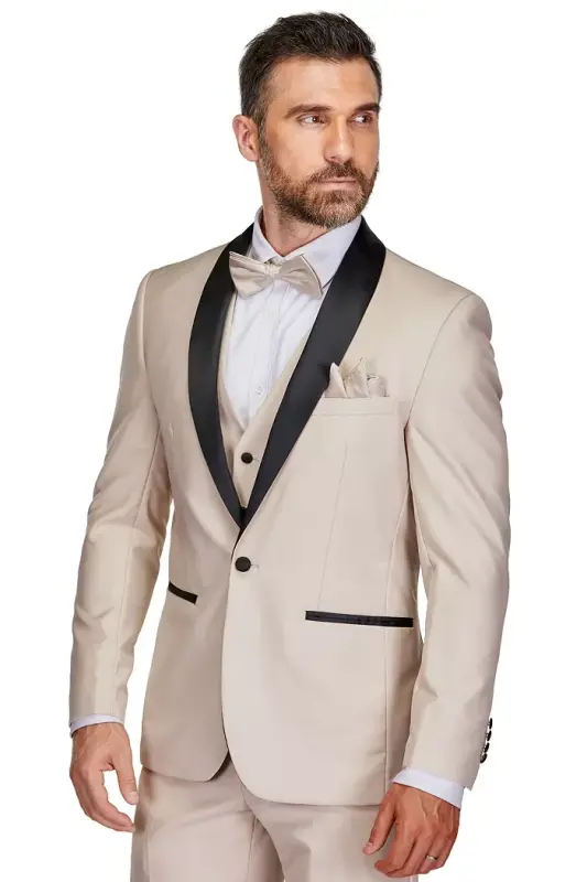 Men's 3-Piece Slim Fit Shawl Lapel Tuxedo - Light beige - 3