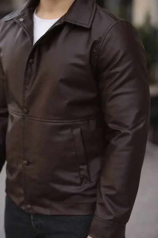 Erkek Çıt Çıtlı Deri Ceket-Kahverengi deri - 3