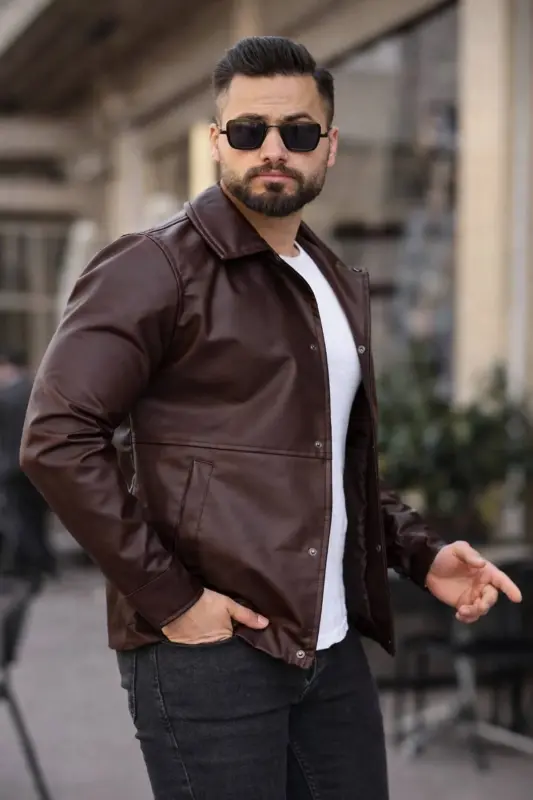 Erkek Çıt Çıtlı Deri Ceket - Kahverengi deri - 2