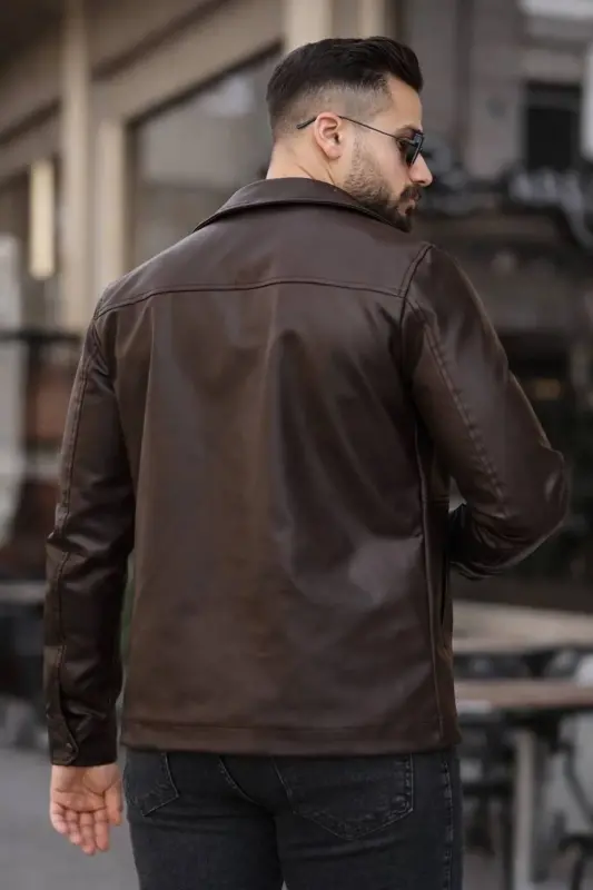 Erkek Çıt Çıtlı Deri Ceket-Kahverengi deri - 4