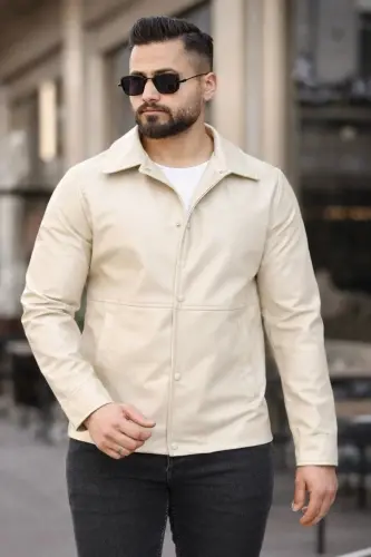 Erkek Çıt Çıtlı Deri Ceket-Krem deri - 4