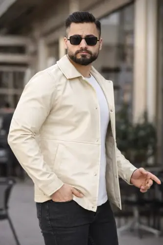 Erkek Çıt Çıtlı Deri Ceket-Krem deri - 1