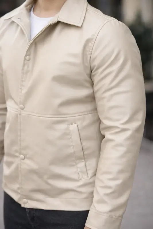 Erkek Çıt Çıtlı Deri Ceket-Krem deri - 2