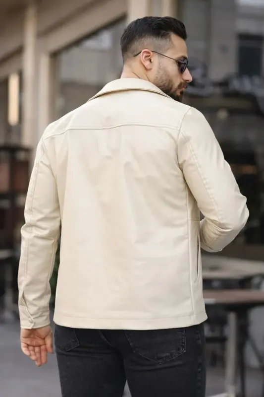 Erkek Çıt Çıtlı Deri Ceket-Krem deri - 3