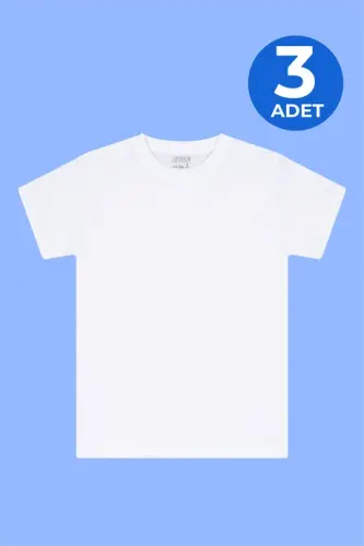 Erkek Çocuk %100 Pamuklu Sıfır Yaka Fanila Tişört 3'lü Paket Beyaz - 2