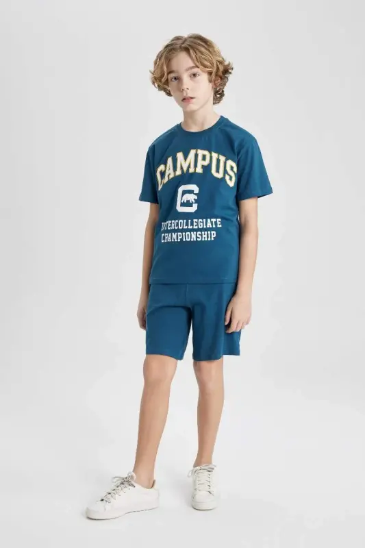 Erkek Çocuk 2'li Takım Baskılı Kısa Kollu Tişört Şort-Petrol - 2