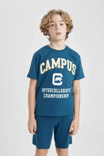 Erkek Çocuk 2'li Takım Baskılı Kısa Kollu Tişört Şort-Petrol - 3