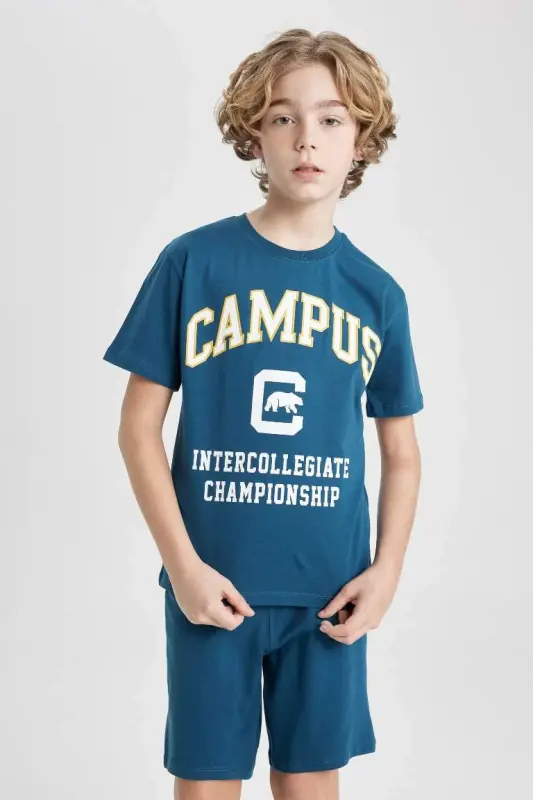 Erkek Çocuk 2'li Takım Baskılı Kısa Kollu Tişört Şort-Petrol - 4