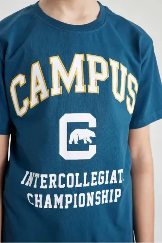 Erkek Çocuk 2'li Takım Baskılı Kısa Kollu Tişört Şort-Petrol - 5