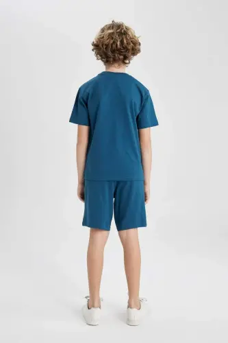 Erkek Çocuk 2'li Takım Baskılı Kısa Kollu Tişört Şort-Petrol - 6