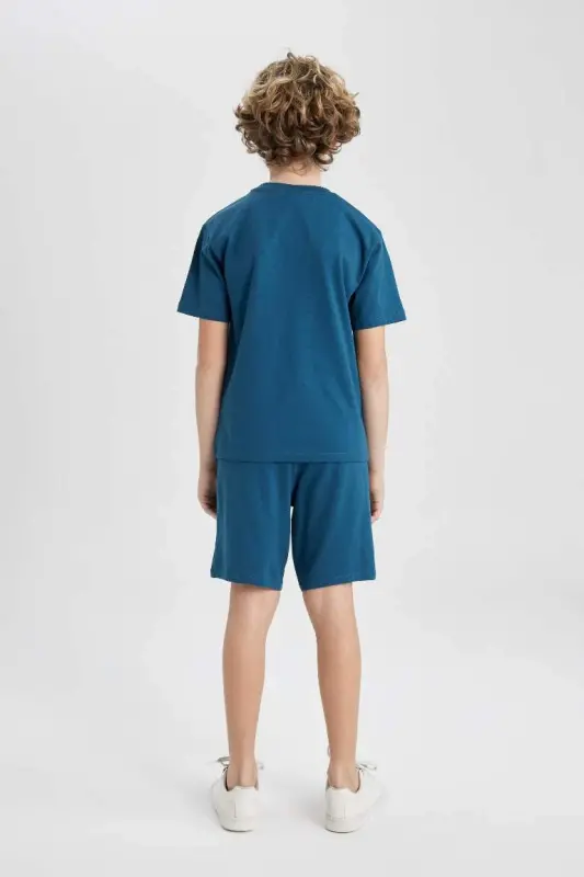 Erkek Çocuk 2'li Takım Baskılı Kısa Kollu Tişört Şort-Petrol - 6