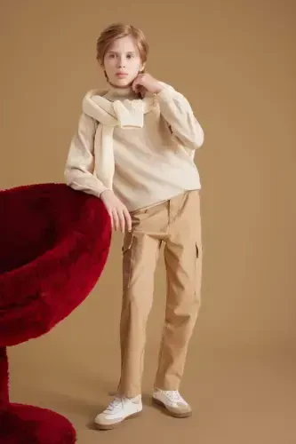 Erkek Çocuk Bej Balıkçı Yaka Basic Düz Triko Kazak A8637A824WN - Modazone (1)