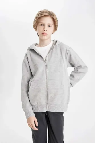 Erkek Çocuk Basic Düz Gri Kapüşonlu Fermuarlı Cepli Okul Hırkası T7468a624au - Gri-GR377 - 3