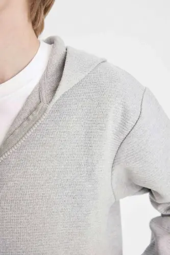Erkek Çocuk Basic Düz Gri Kapüşonlu Fermuarlı Cepli Okul Hırkası T7468a624au - Gri-GR377 - 5