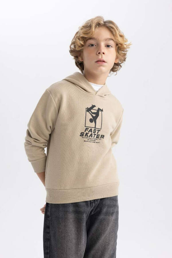 Erkek Çocuk Baskılı Kapüşonlu Kalın Sweatshirt Bej - 3