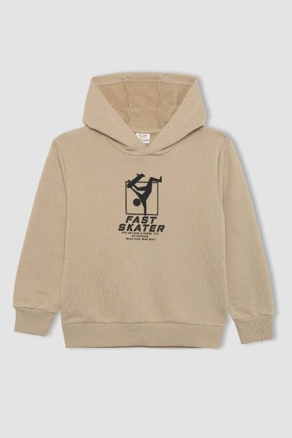 Erkek Çocuk Baskılı Kapüşonlu Kalın Sweatshirt Bej - 7