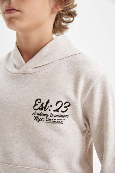 Erkek Çocuk Bej Baskılı Kapüşonlu Okul Sweatshirt Bej Melanj - 5